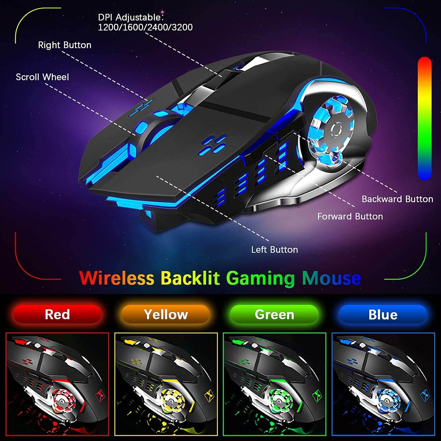 Wireless Gaming Keyboard and Mouse Combo with Rainbow LED Backlit Rechargeable  Battery Metal Panel Mechanical Keyboard