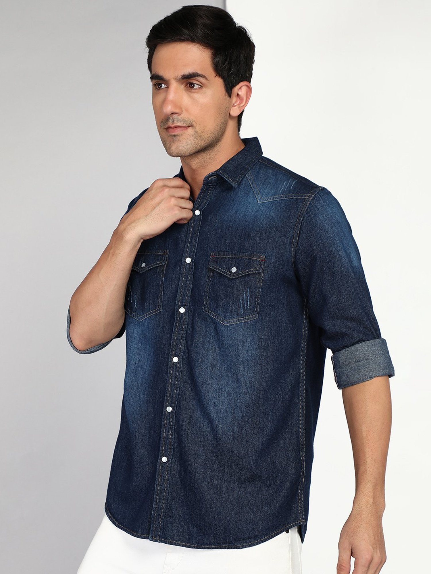 Kuons Avenue Dark Blue Slim Fit Denim Shirt