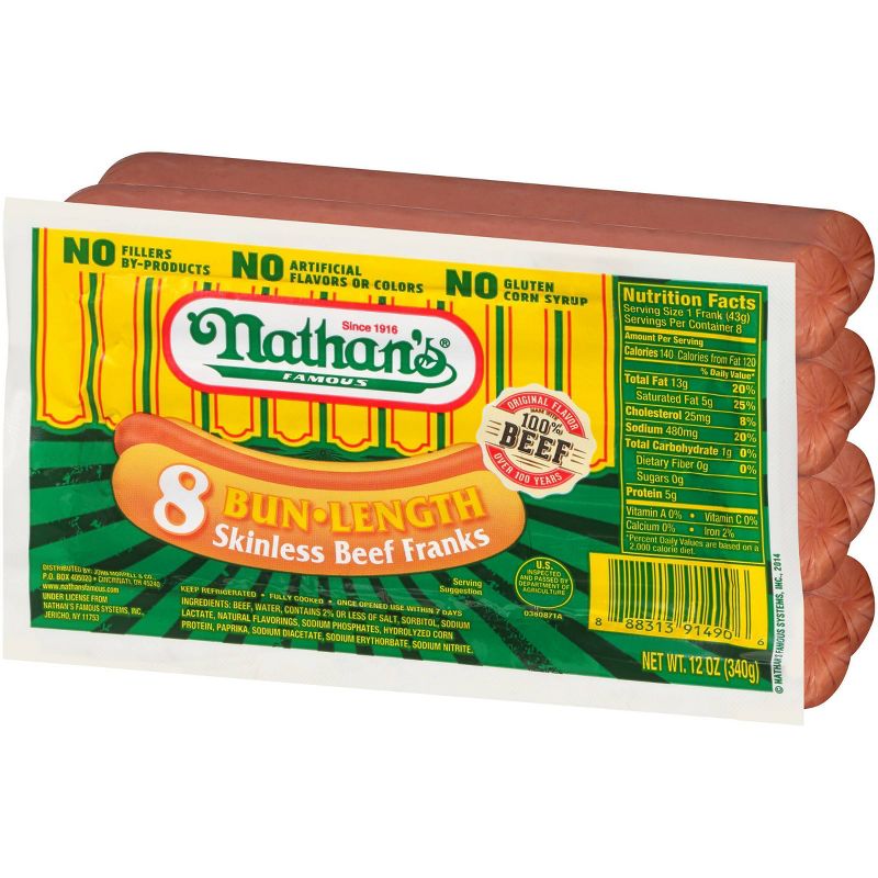 Nathan's Famous Bun Length Skinless Beef Franks - 12oz/8ct