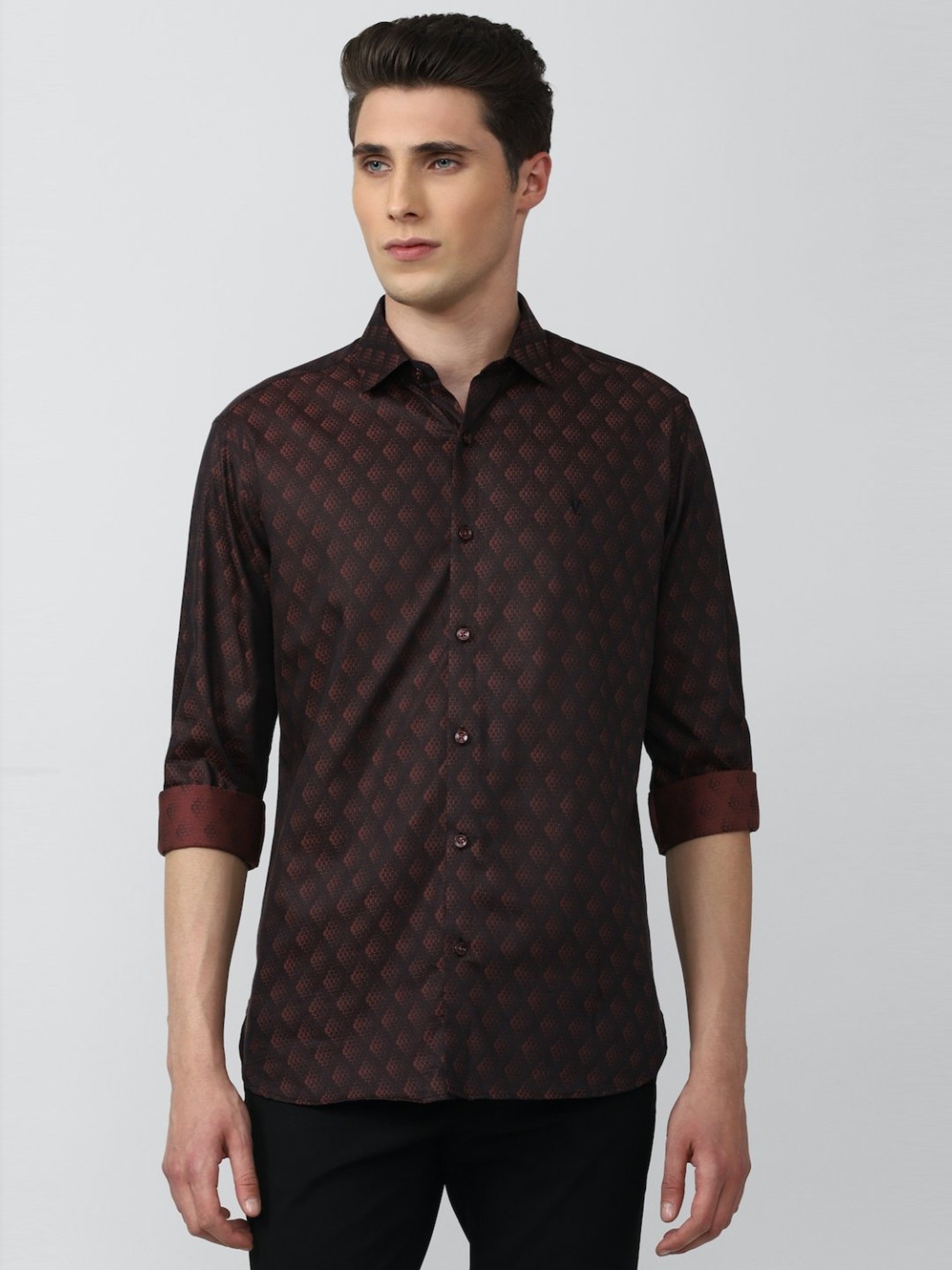 V Dot Brown Cotton Slim Fit Printed Shirt