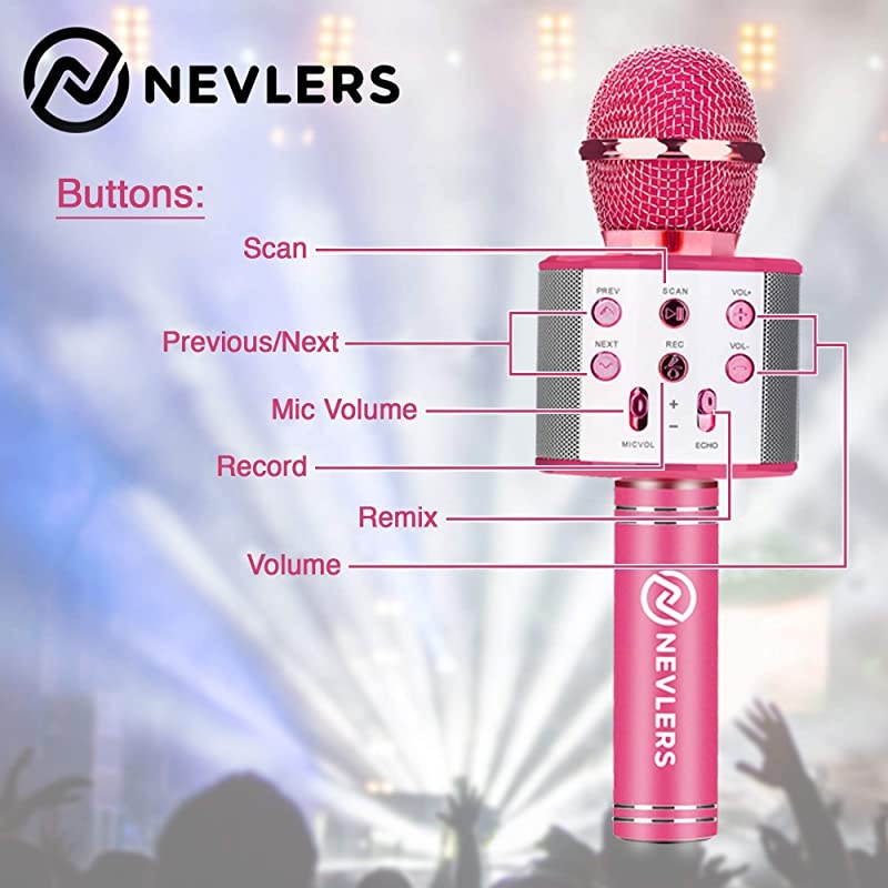 Karaoke Microphone with Wireless Bluetooth Speaker and Recording Options, Easy to Use Portable Handheld Karaoke Machine for Kids and Adults - Pink