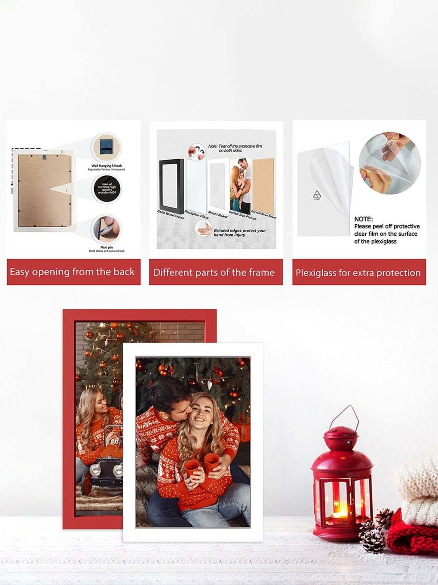 Art Street Red & White Synthetic Wall Mounted Collage Photoframe - Set of 3