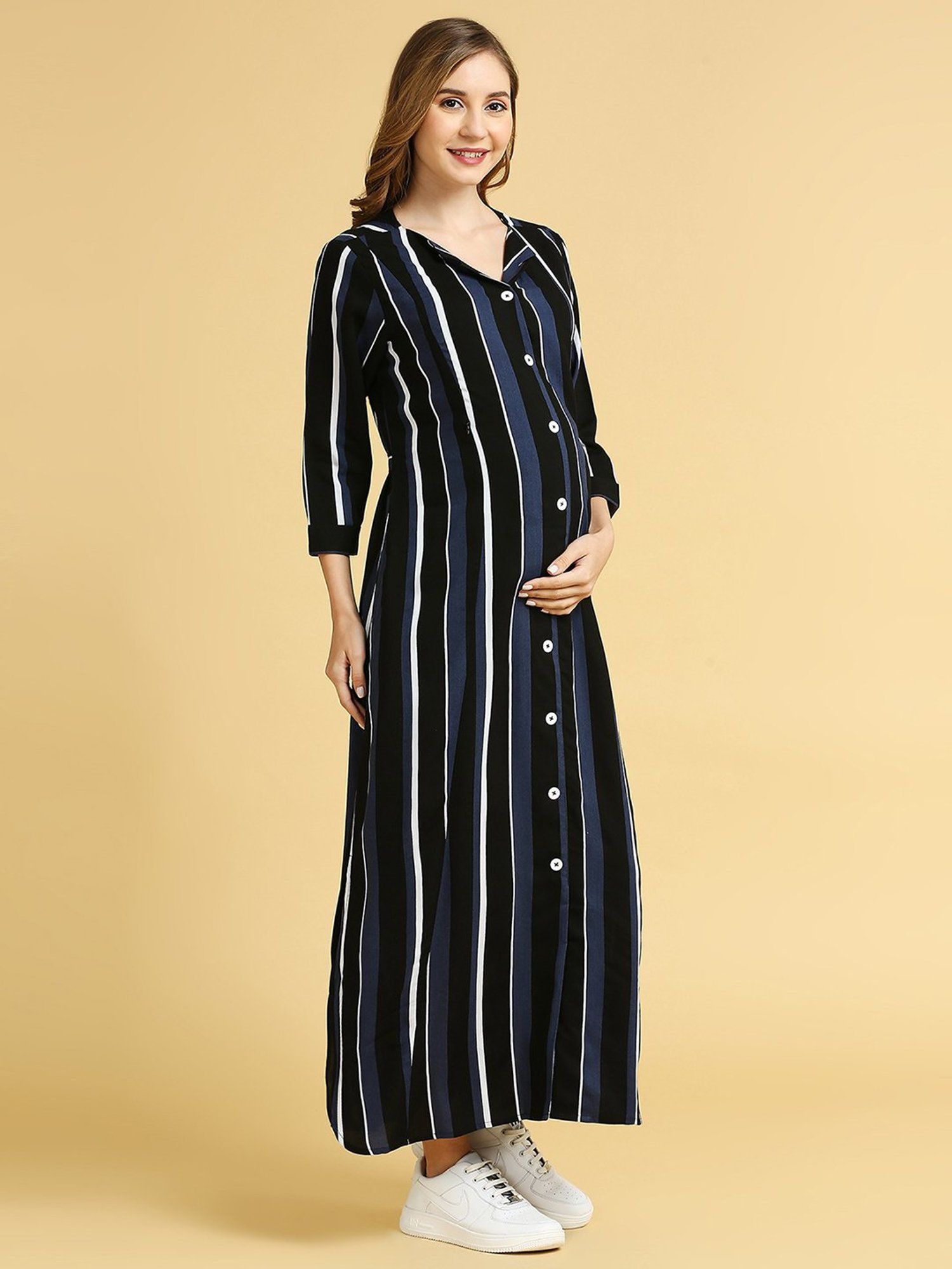 MomToBe Black & Blue Rayon Striped Maternity Maxi Dress