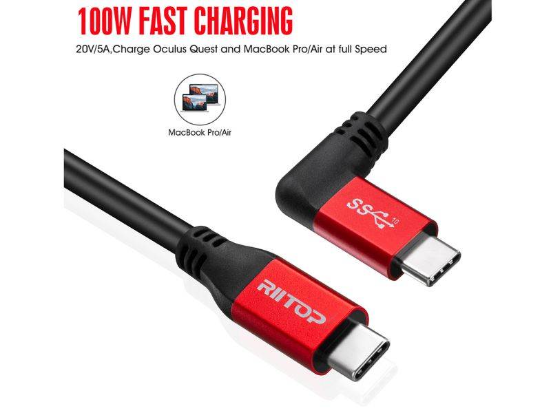 USB C to C Cable [10FT Long], RIITOP USB 3.1 C to C (Gen 2)Cable 90 Degree Angled with Emarker, 20V 5A 100W PD Charging,  10Gbps Data, 4K 60Hz Video for Oculus Quest 2 Link, USB-C Display/Camera