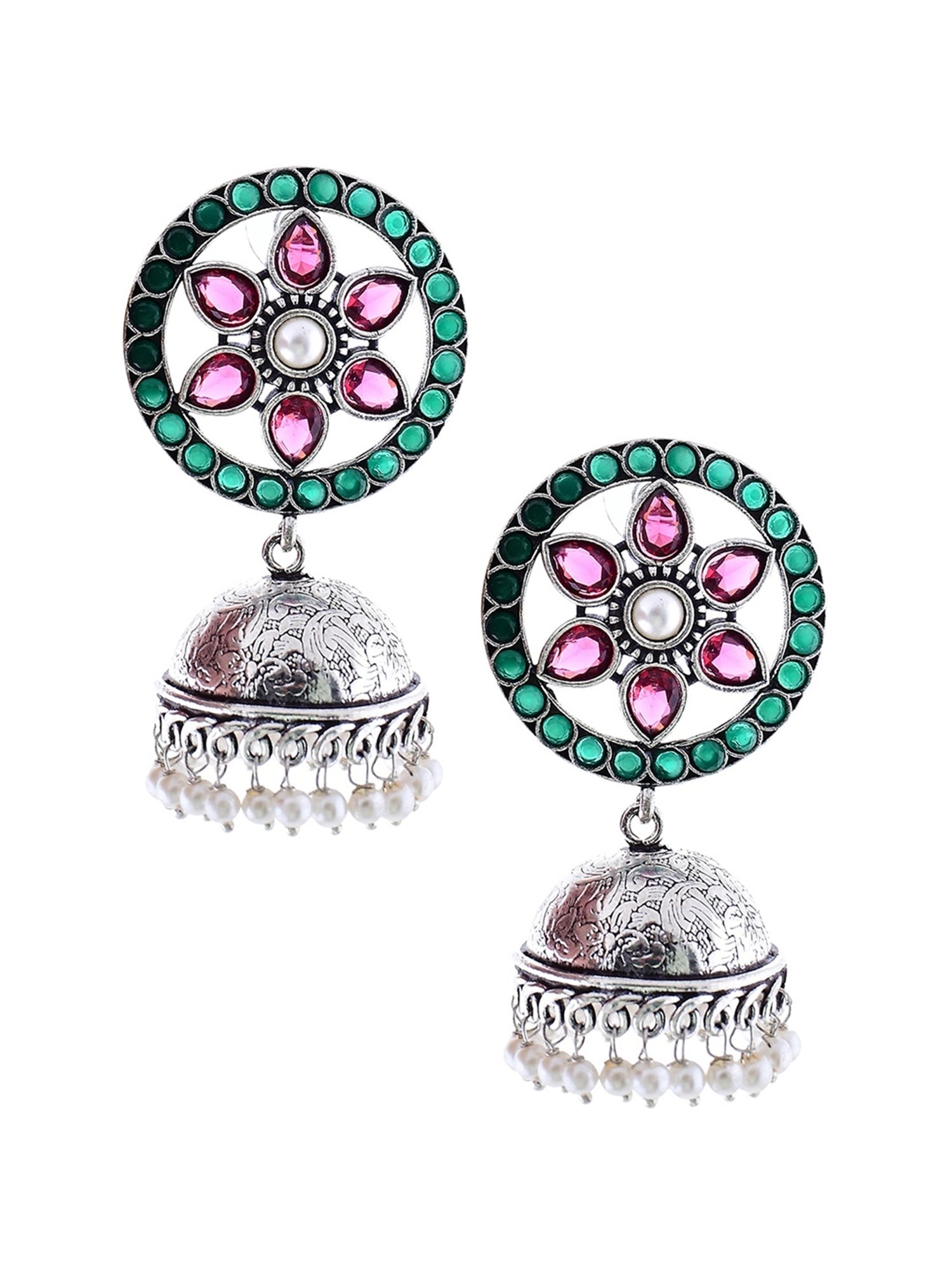 Imli Street Green-Pink Silver Tone Stone-Studded Handcrafted Jhumki Earrings