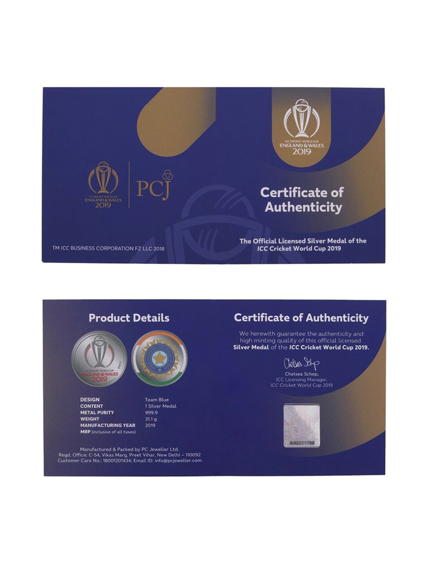 PC Jeweller 24k (999.9) 31.1gm ICC Official World Cup 2019 Team Blue Silver Coin Medal