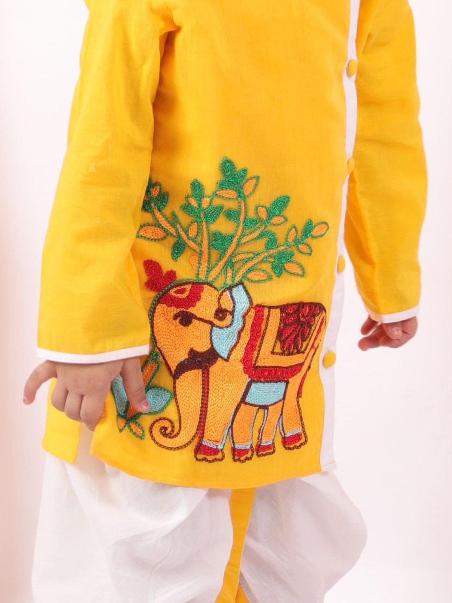 Little Bansi Kids Yellow Cotton Embroidered Kurta Set