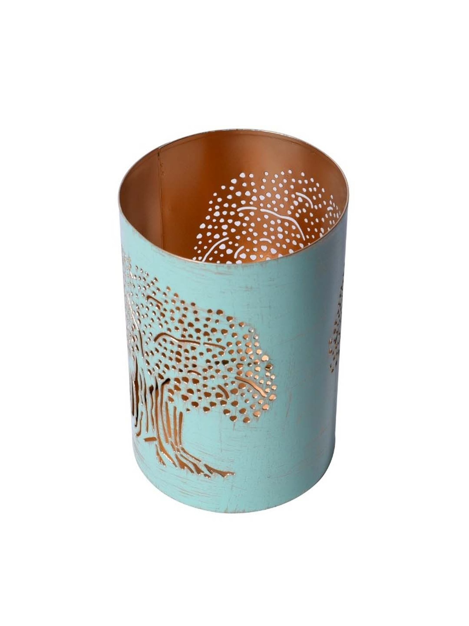 Unravel India Pastel Blue Metal Tree of Life Tea Light Holder - Set of 1