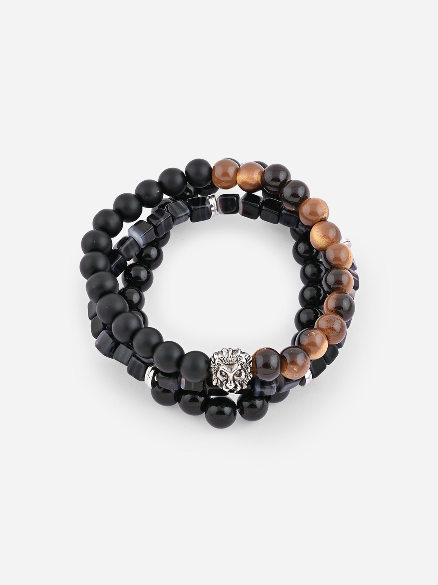 The Bro Code Black & Brown Casual Party Men's Beaded Lion Charm Stack Bracelet - Set of 3