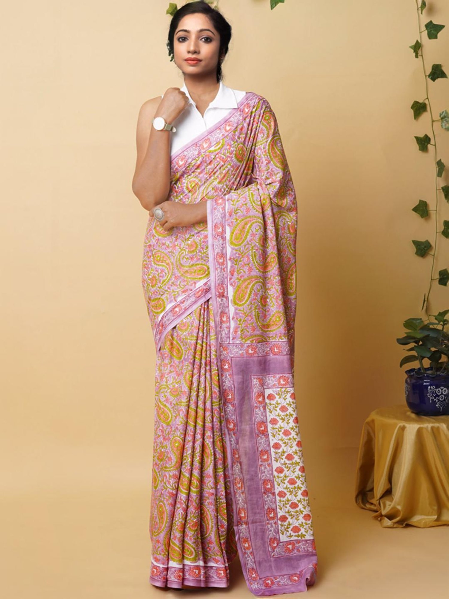 Unnati Silks Purple & Orange Cotton Printed Saree With Unstitched Blouse
