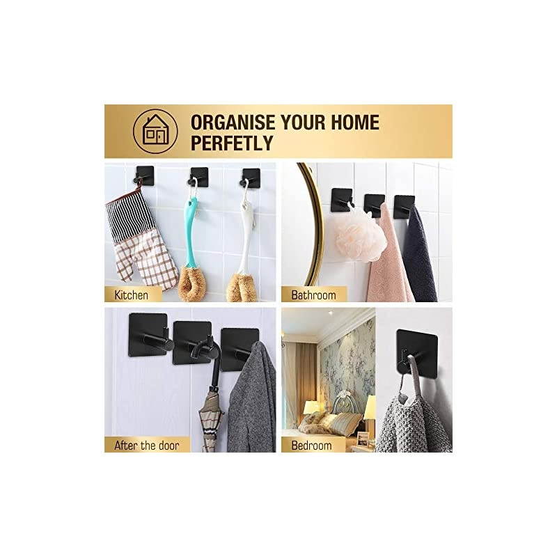 Adhesive Hooks,  [4 Pack] Heavy Duty Durable 304 Stainless Steel Wall Hangers, Waterproof Rustproof Oil Proof for Kitchen, Bathrooms, Doors, Office, Closet-Black