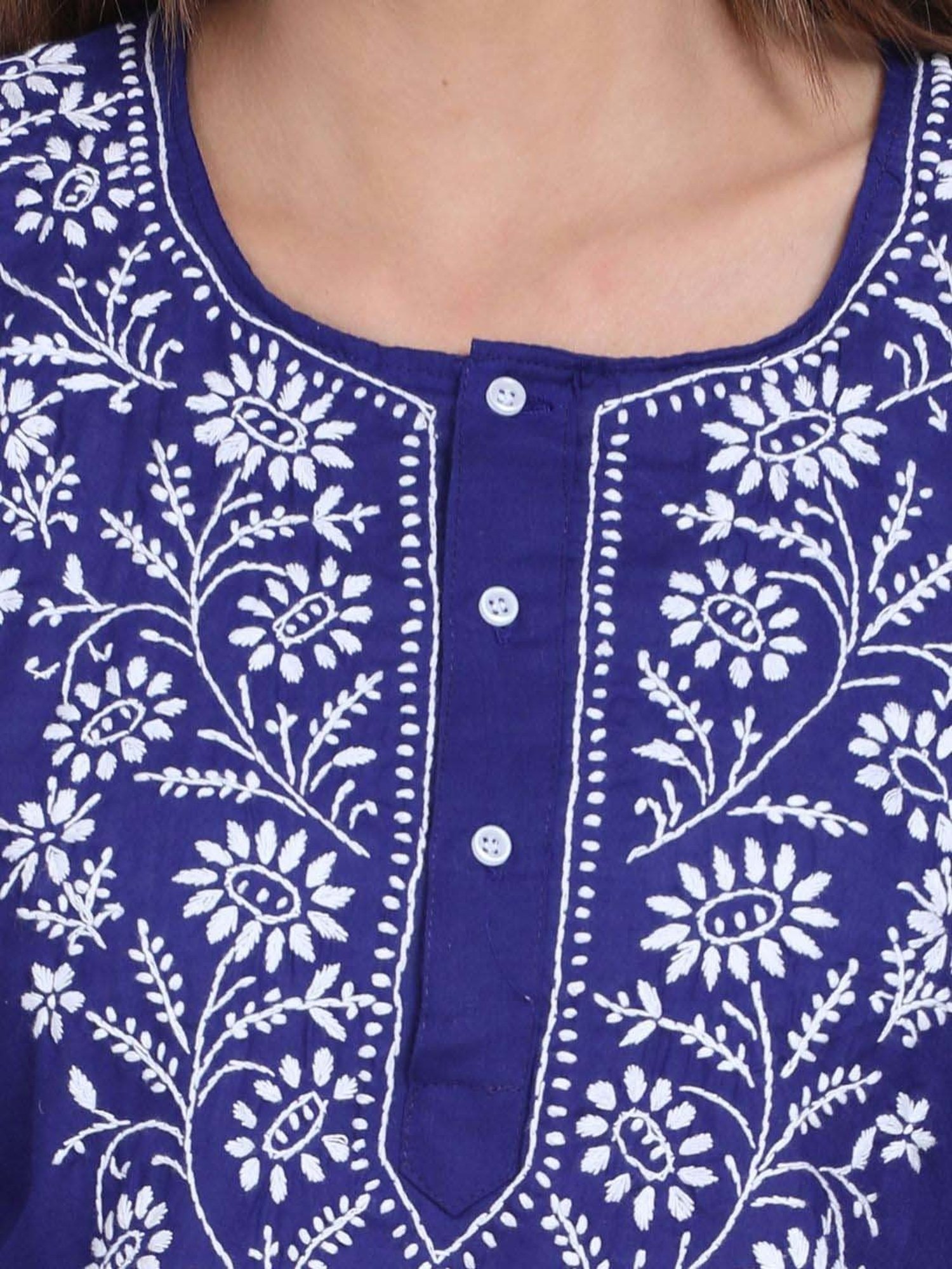 PARAMOUNT CHIKAN Midnight Blue Cotton Chikankari Straight Kurti