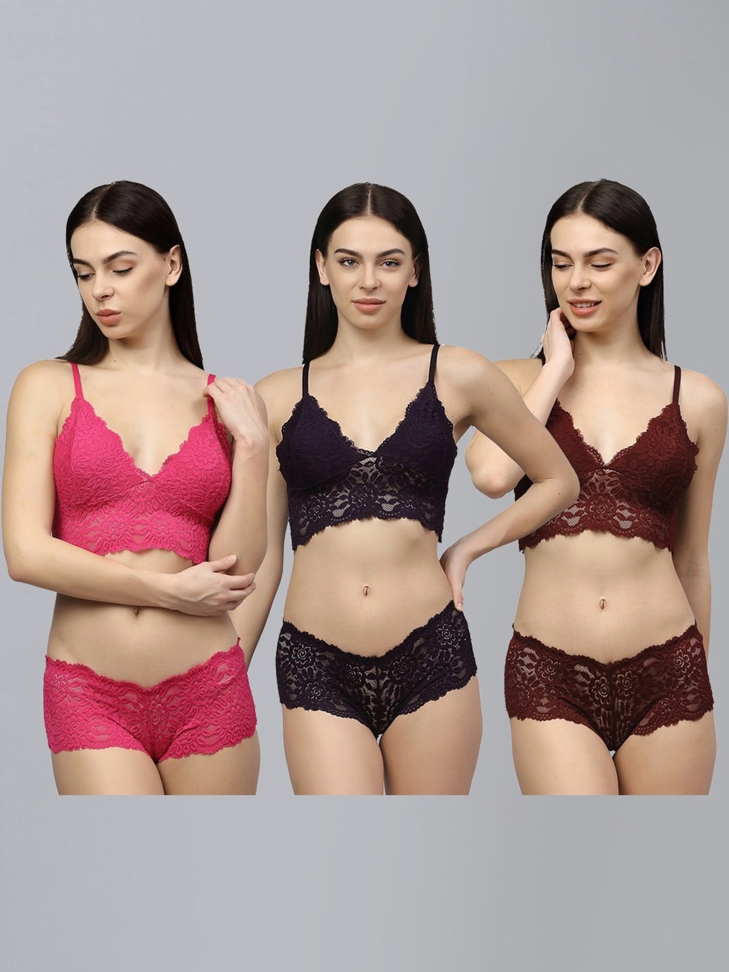 AROUSY Pink & Black Self Pattern Bra Panty Set - Pack Of 3