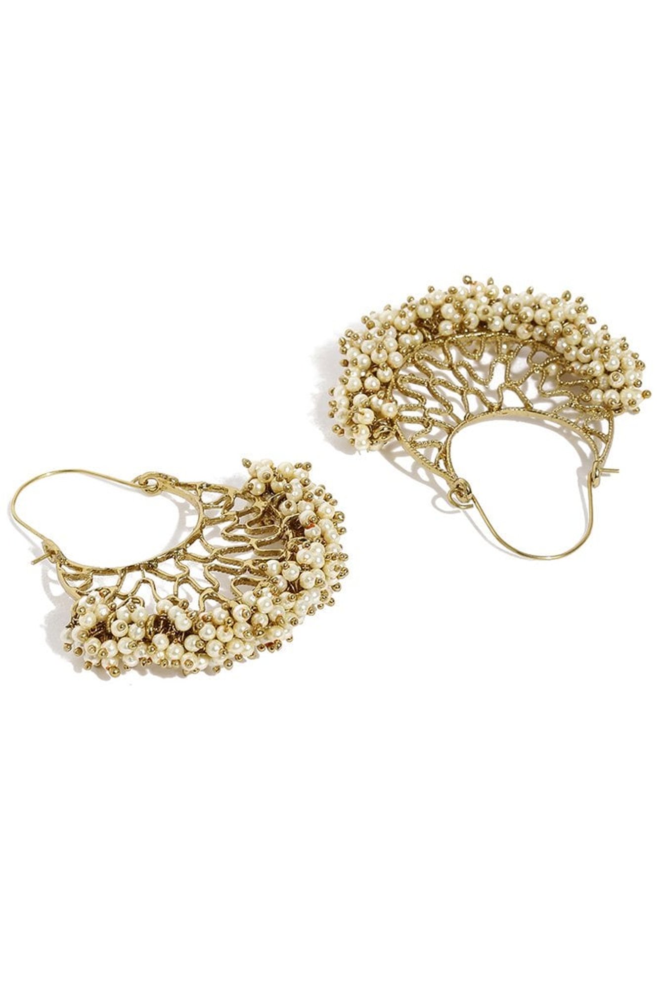 Fida Golden Alloy Pearly Filigree Chand Bali Earrings