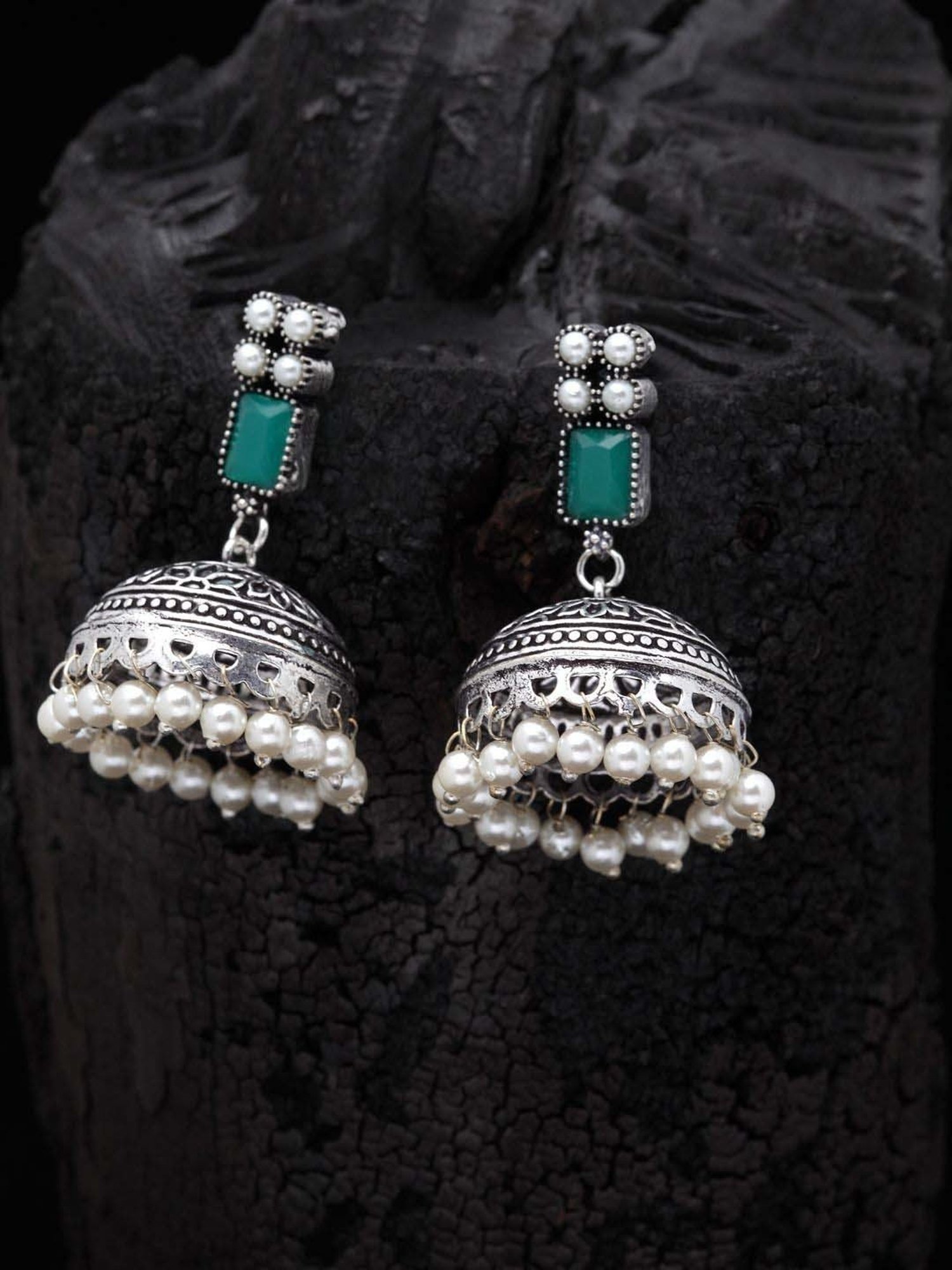 Panash Silver-Plated & Green Oxidised Jhumki Earrings