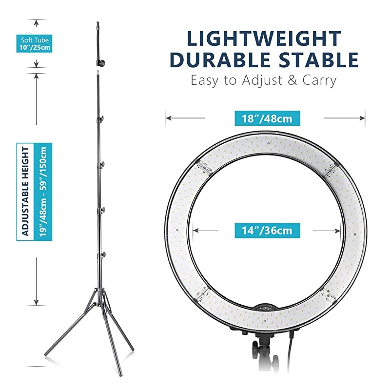 Ring Light Kit:18"/48cm Outer 55W 5500K Dimmable LED Ring Light, Light Stand, Carrying Bag for Camera,Smartphone,YouTube,TikTok,Self-Portrait Shooting, Black, Model:10088612