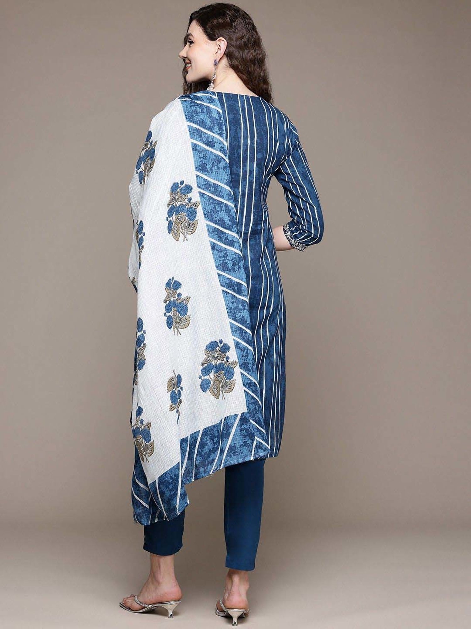 READIPRINT FASHIONS Blue Cotton Embroidered Kurta Pant Set With Dupatta