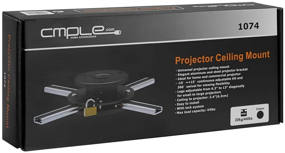 Cmple - Anti-Theft Projector Bracket Mount, Tilt & 360 Degree Swivel Ceiling Projector Mount with Adjustable Legs and Lock System for LCD LED Projectors - Max 44lbs (Silver/Black)