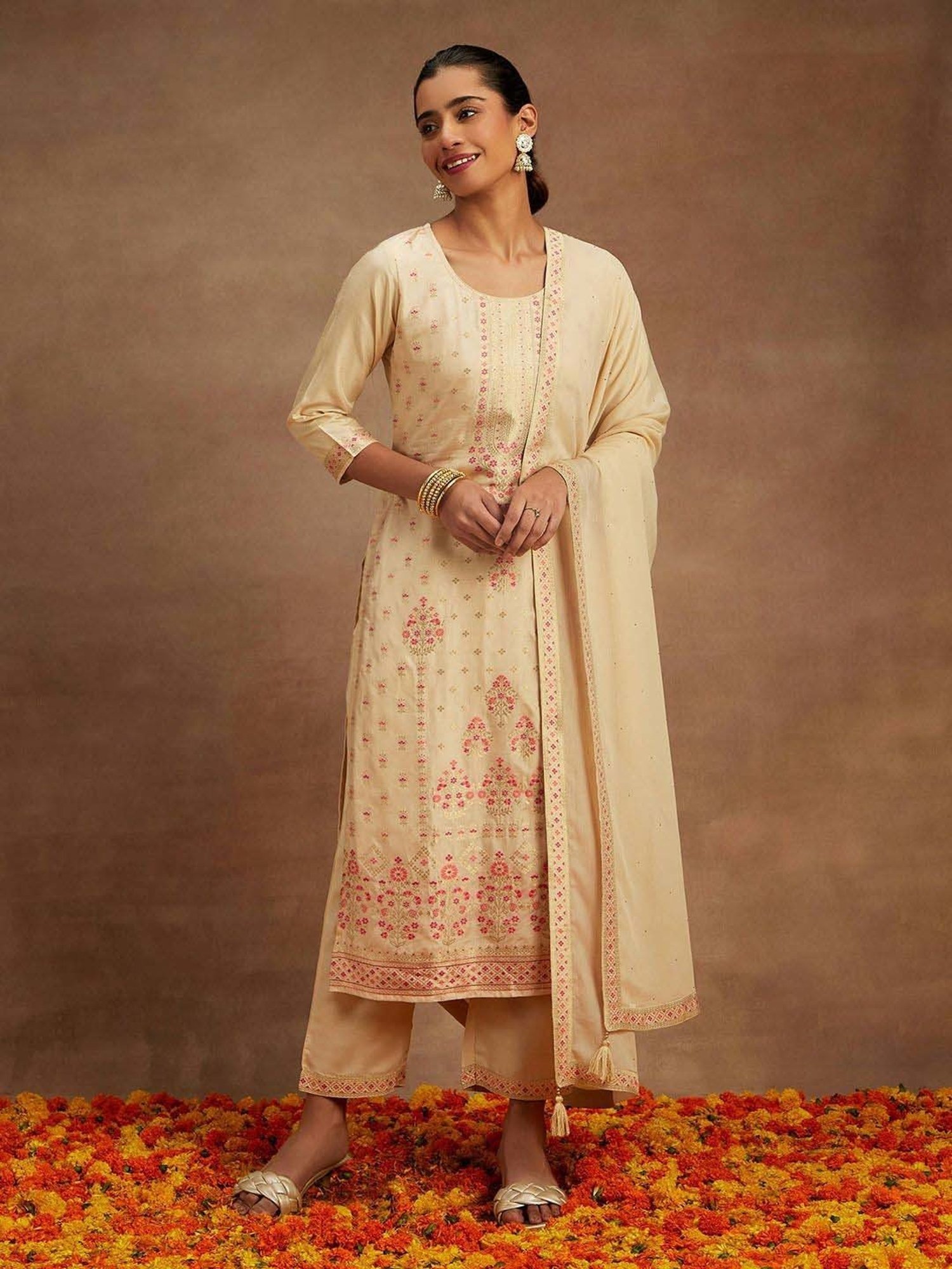 Libas Beige Woven Pattern Kurta Pant Set With Dupatta