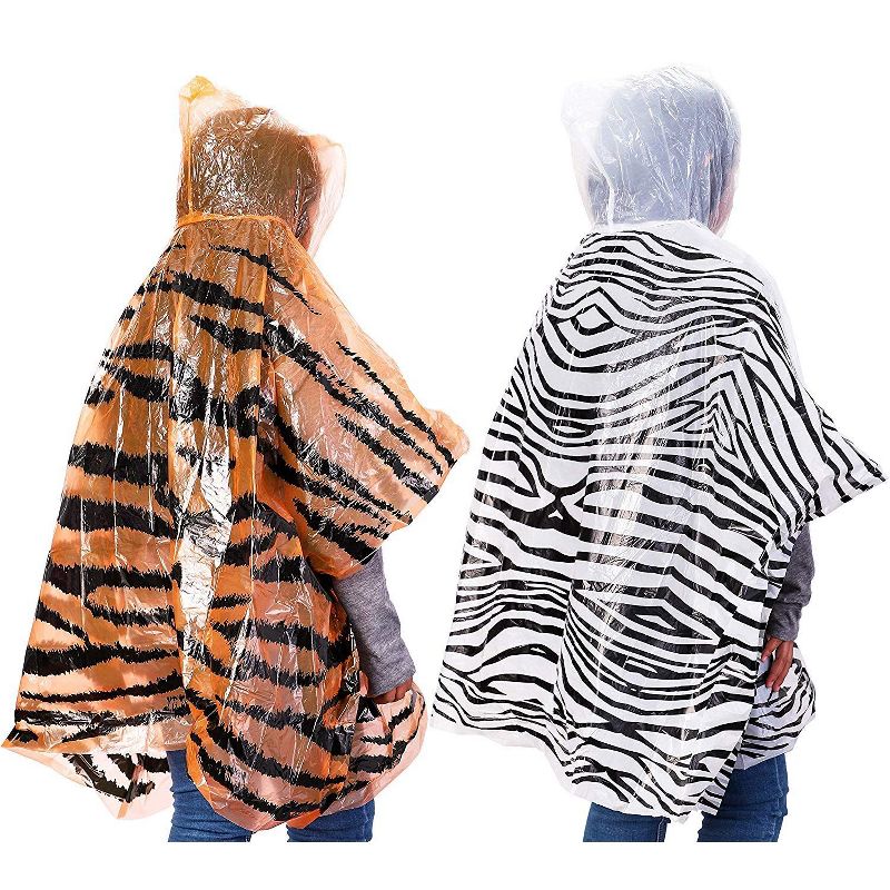 Juvale 12 Pack Kids Disposable Rain Ponchos - Emergency Waterproof Raincoat with Hood,  Zebra & Tiger Print