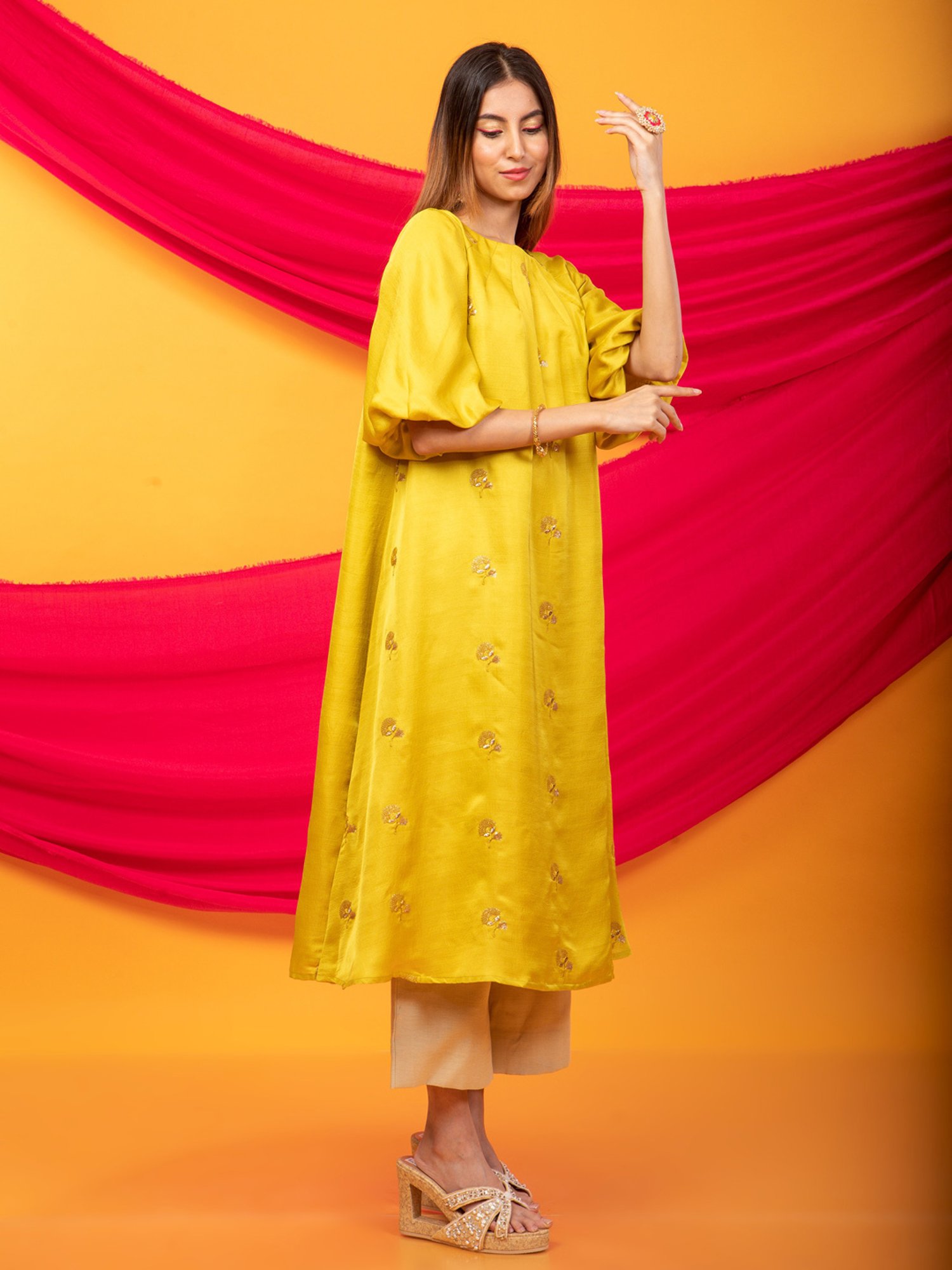 Monk & Mei Nusrat Assymetrical Kurta and Pant Co-ord Set-Canary Yellow