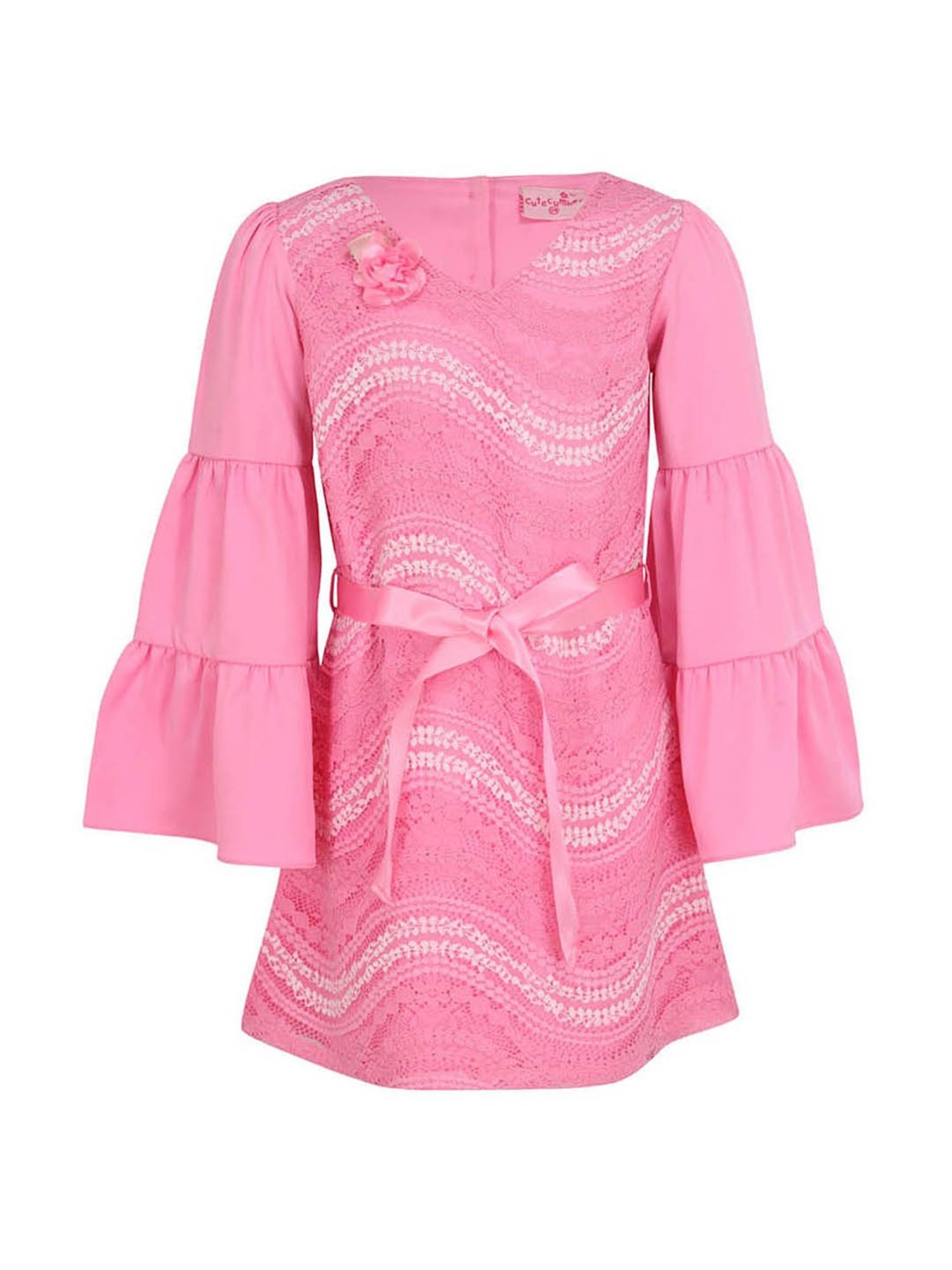 Cutecumber Kids Pink Applique Dress With Ribbon Belt
