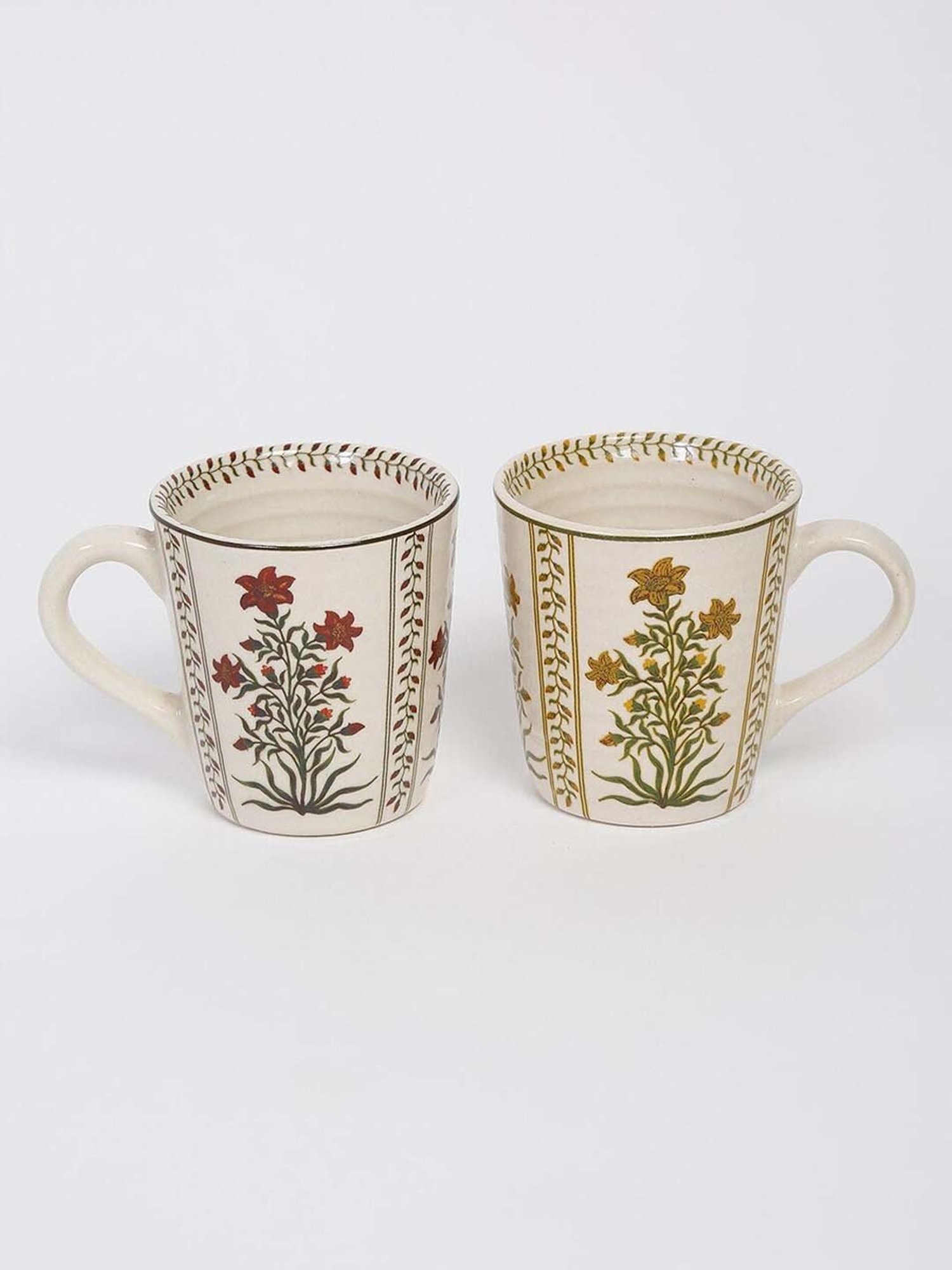 Fabindia Home Gul White & Yellow Ceramic Mugs (0.3 L) - Set of 2