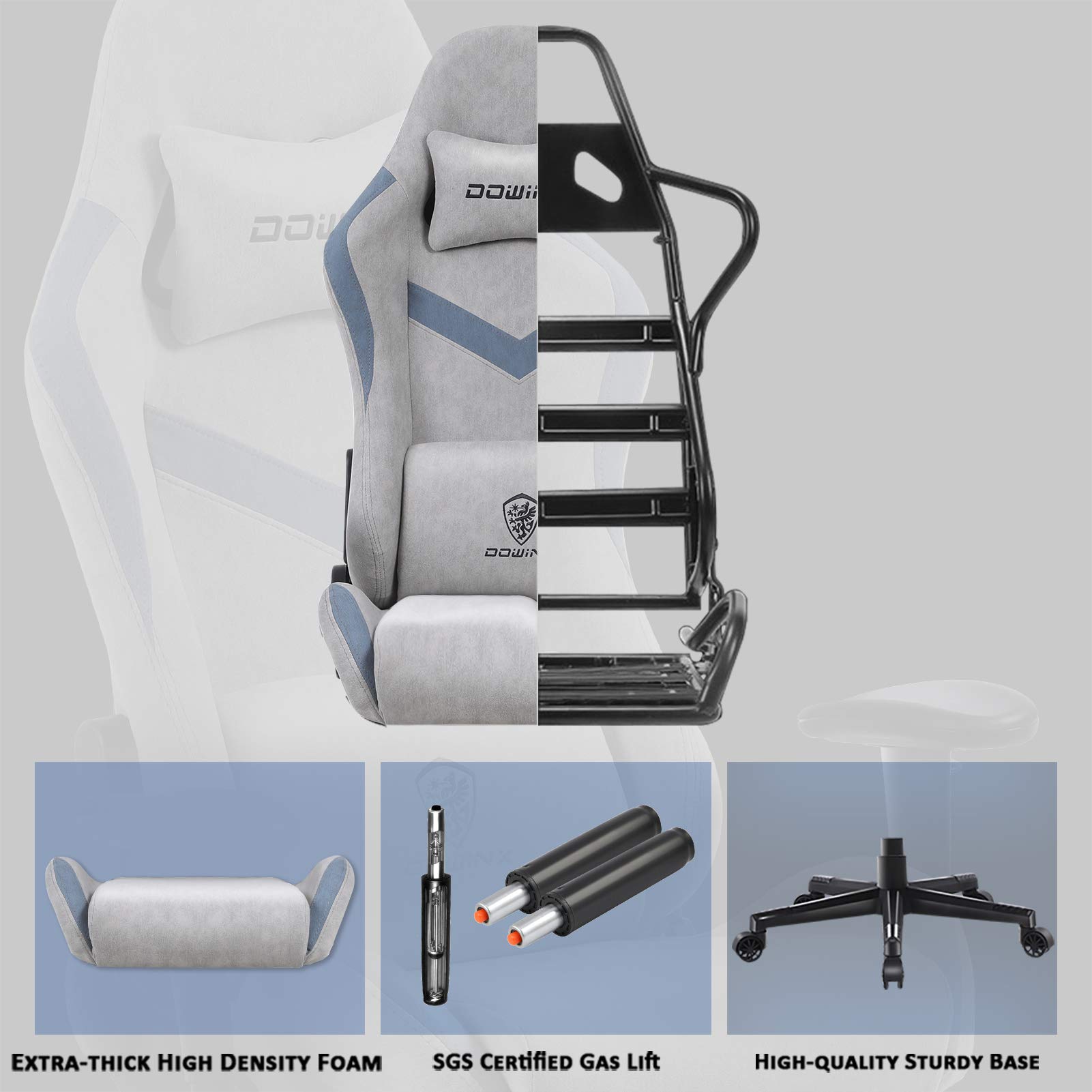 Dowinx Gaming Chair Breathable Fabric Office Chair with Massage Lumbar Support, High Back Ergonomic Comouter Chair Adjustable Swivel Task Chair with Footrest (Blue)