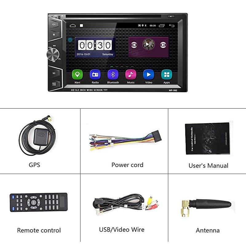 Double Din Android Car Stereo Radio 6.2'' Touch Screen DVD/CD Player Build-in GPS Navigation WiFi Bluetooth Support Android iOS Mirror Link with FM/AM/USB/SD/Backup Camera Input/APP Download