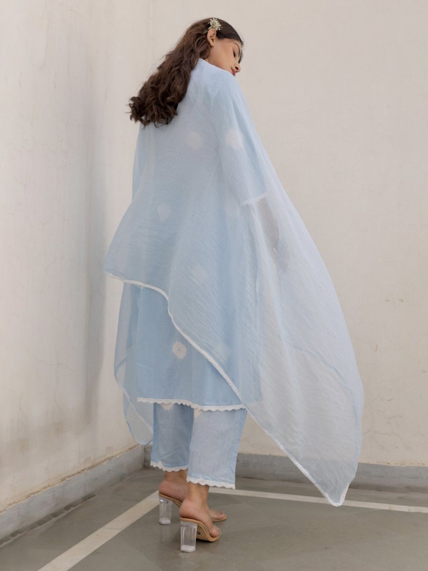 Asrumo Blue Sukoon Summer Cotton White Lace Straight Kurta with Pant and Doriya Dupatta Set