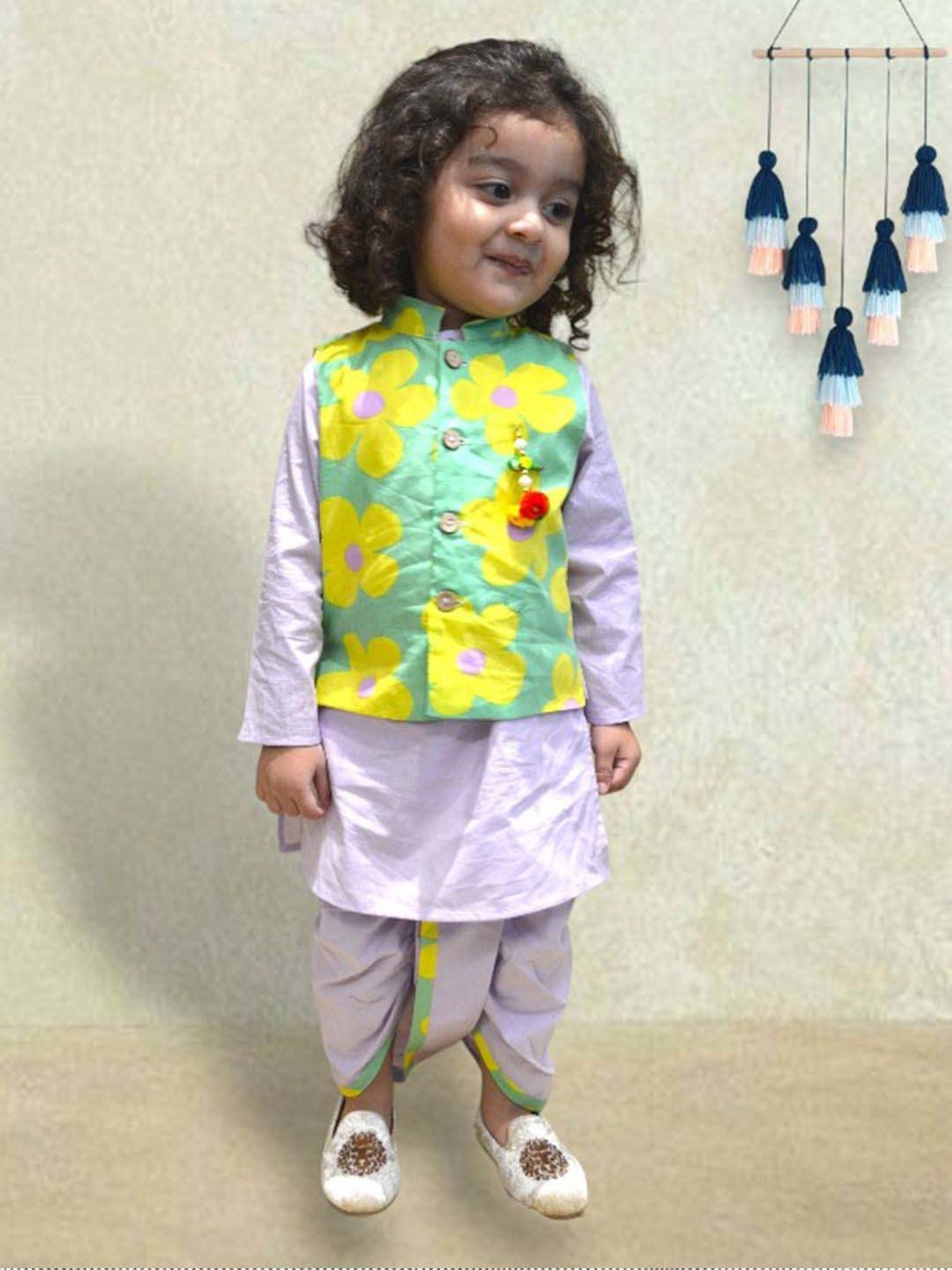 A.T.U.N. Boys Lavender & Green Cotton Printed Full Sleeves Kurta Set