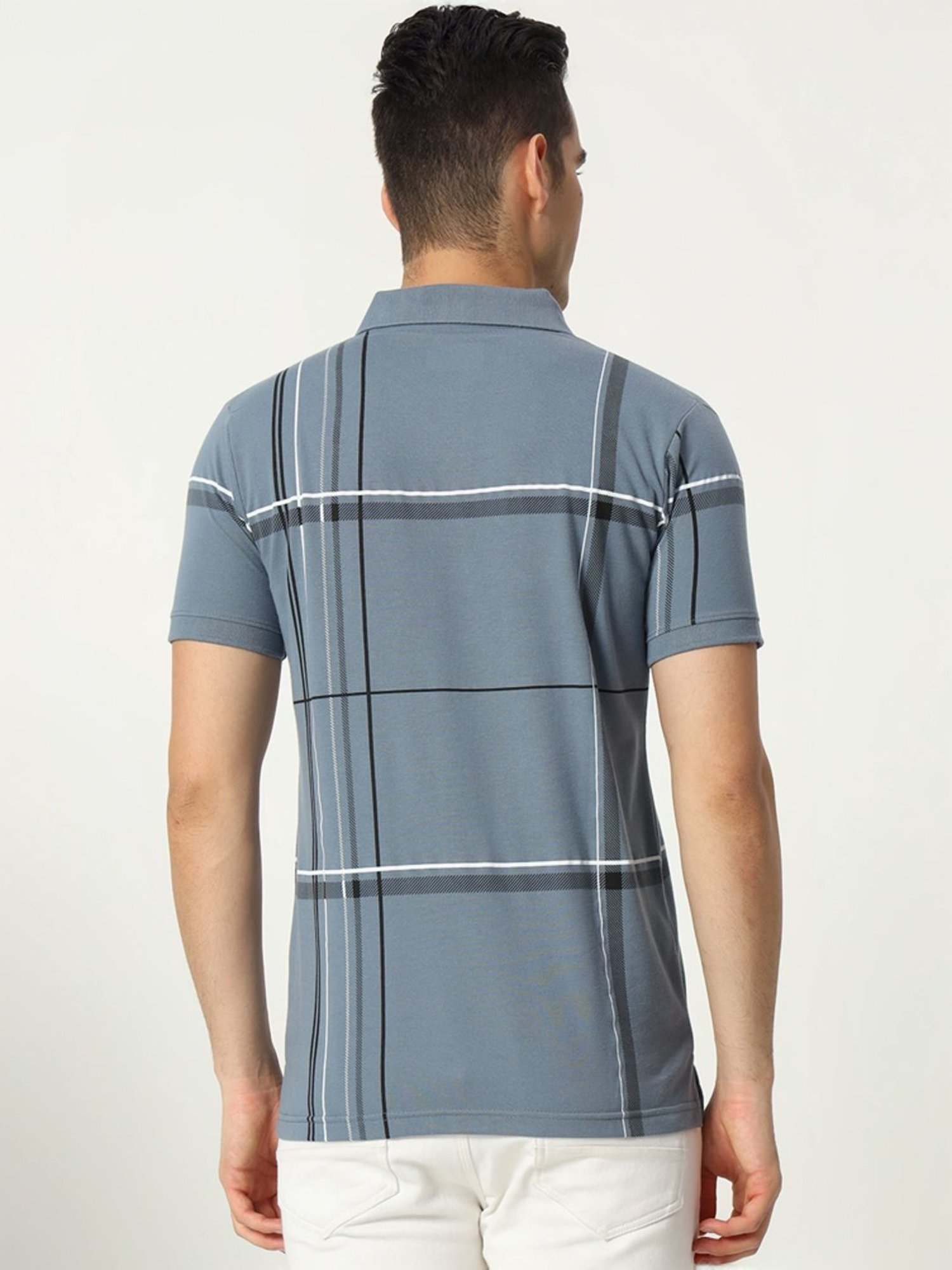 Tab91 Grey Regular Fit Checks Polo T-Shirts