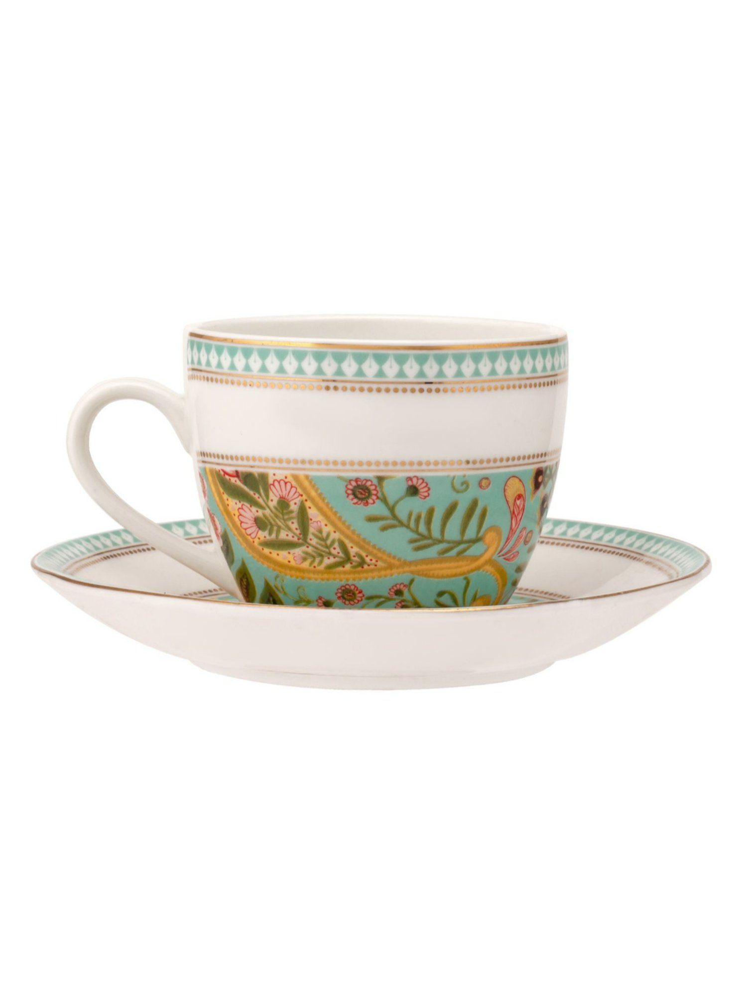 Clay Craft Printed Green Colour Gold Line Fine Ceramic Cup Saucer Set of 12, 180 ml
