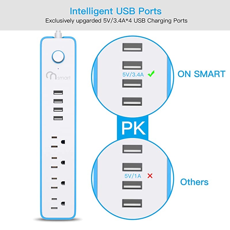 ON USB Surge Protector Power Strip, 4 Multi Outlets with 4 USB Charging Ports, 3.4A Total Output-600J Surge Protector Power Bar, 6 ft Long UL Cord, Wall Mount-Blue&hellip;