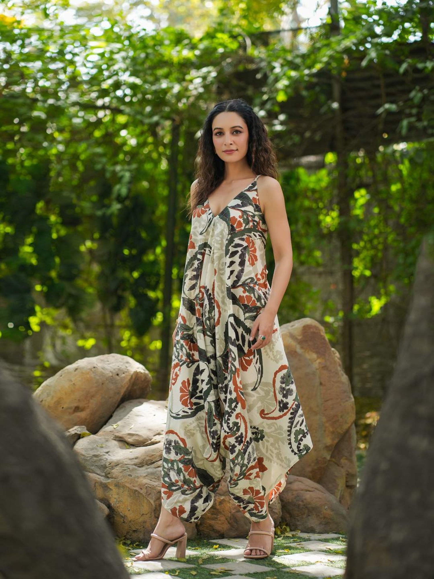 Rain and Rainbow Off-White Cotton Printed A-Line dress Jumpsuit