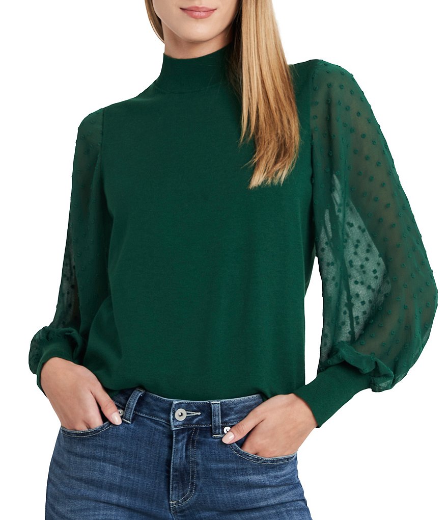 CeCe Mock Neck Long Sleeve Clip Dot Sweater
