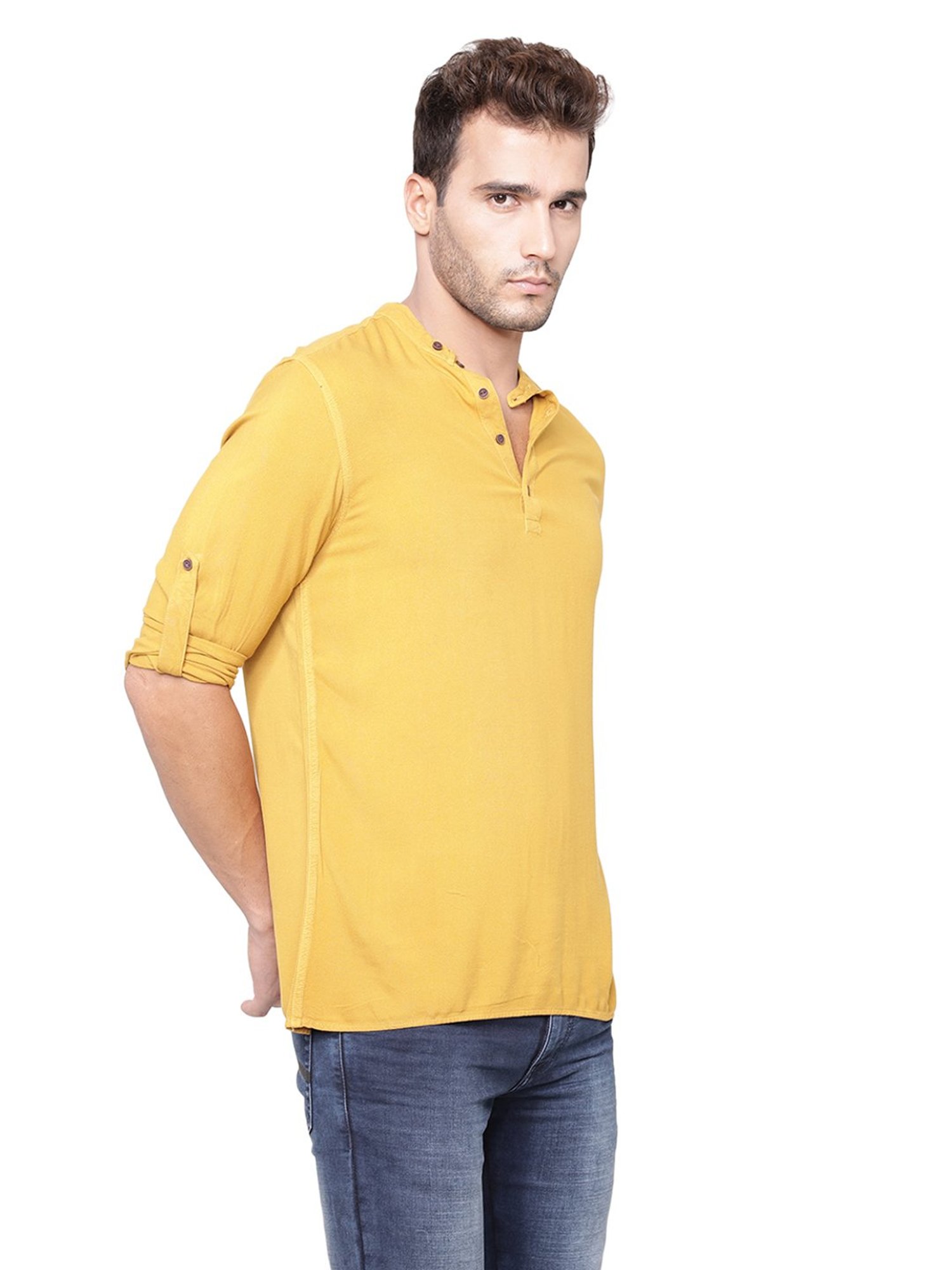 Identiti Mustard Solid Slim Fit Short Kurta