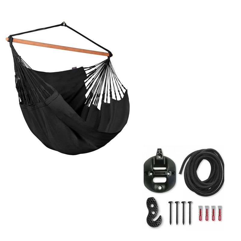 La Siesta HAL21-X9 Habana Organic Cotton Lounger King Size Comfortable Indoor Outdoor Hammock Chair with Suspension Set and Bamboo Spreader, Onyx