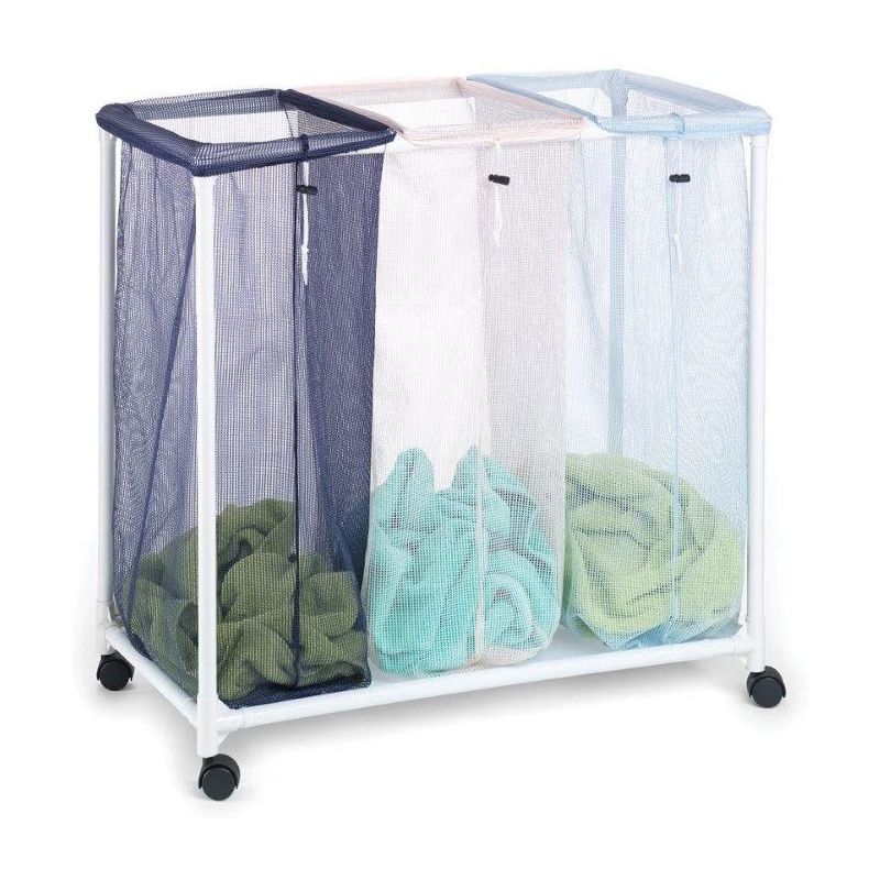 Homz 4549010 6 Load Capacity Triple Mesh Sorter Laundry Basket Portable Organizer Hamper with Removable Bags with Wheels, Blue and White