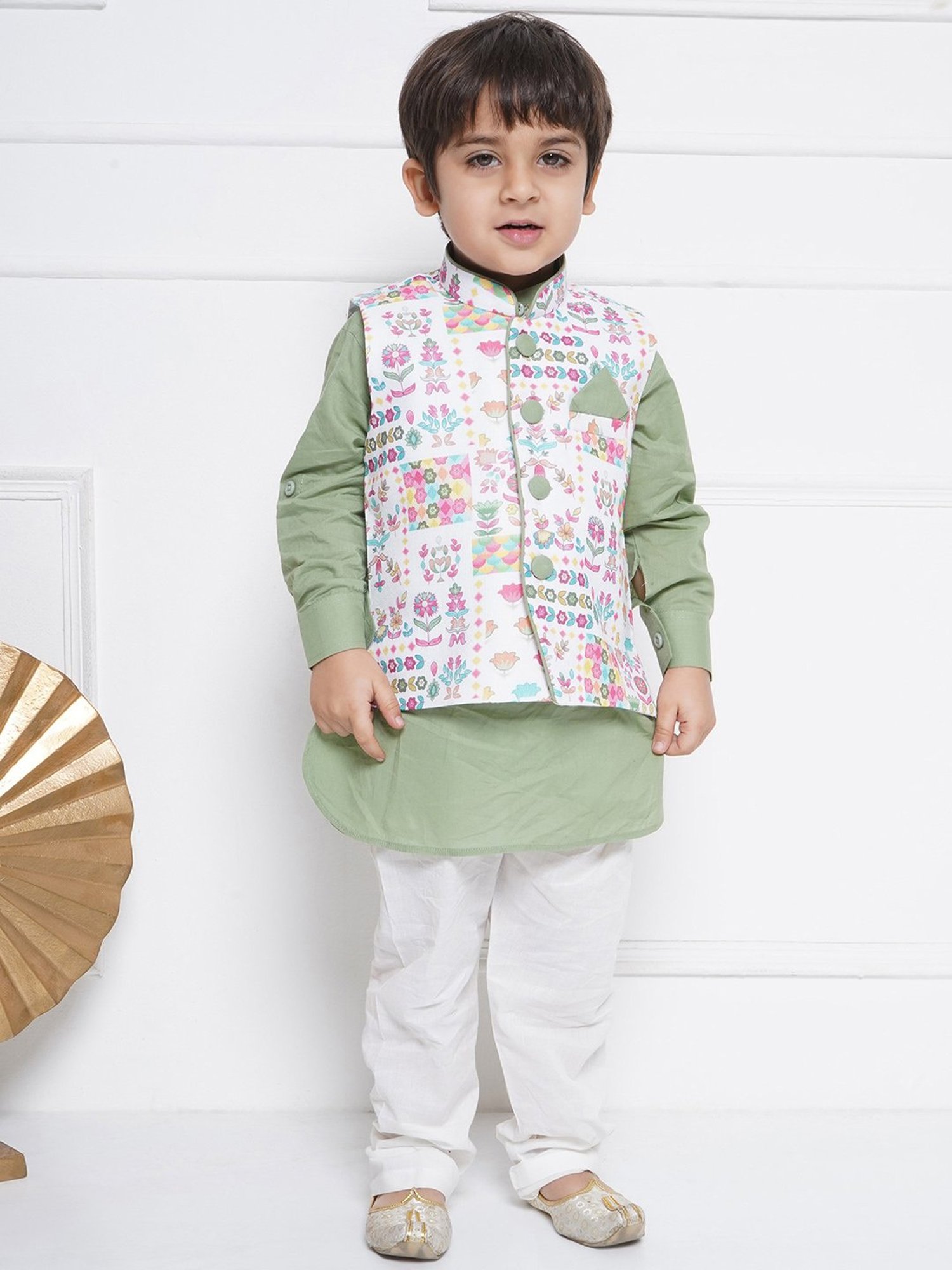 AJ Dezines Kids Green & White Printed Full Sleeves Kurta, Pyjamas with Waistcoat