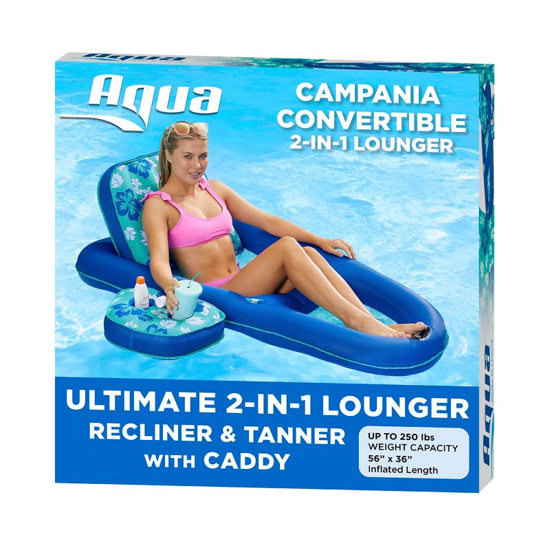 Aqua Leisure Campania Inflatable Convertible 2 in 1 Swimming Pool Water Float Lounger with Caddy, 1 Teal Hibiscus & 1 Navy Hibiscus