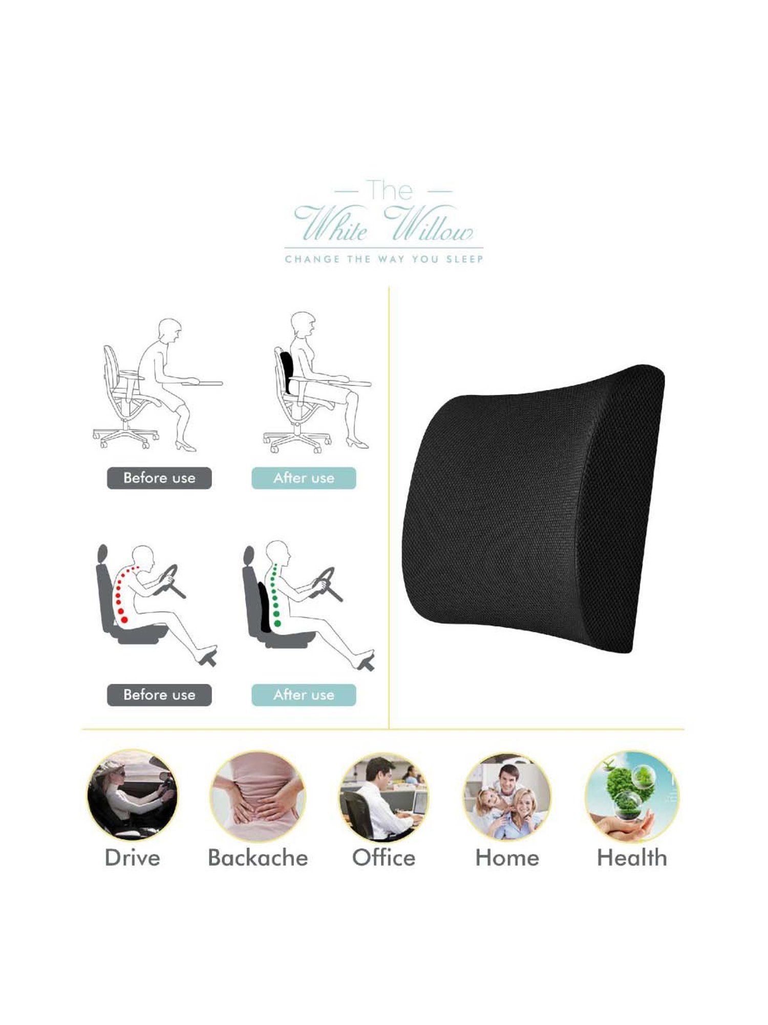 The White Willow Black Back Support Cushion - Set of 1