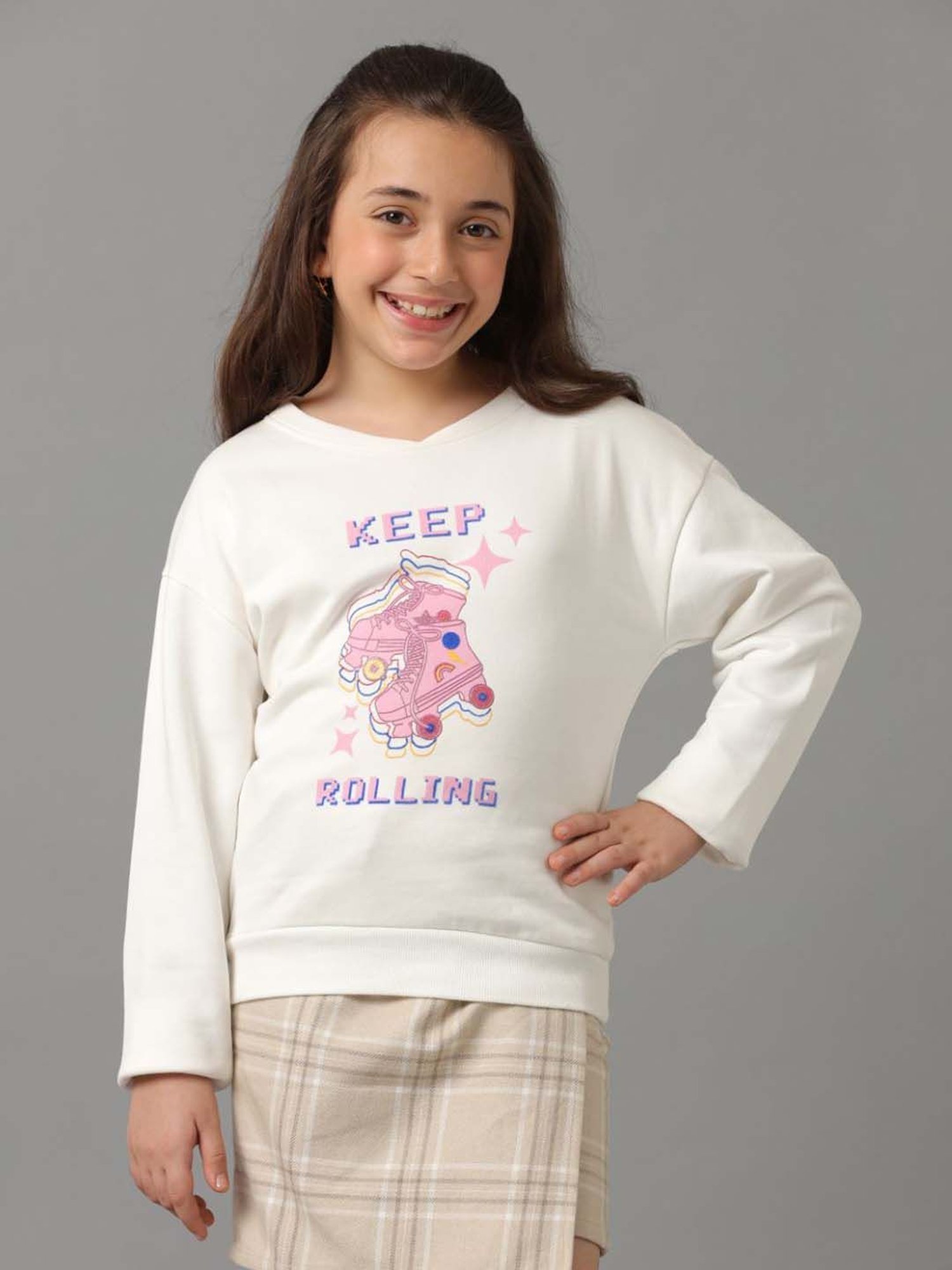 Under Fourteen Only Kids Off White Cotton Printed Full Sleeves Sweatshirt