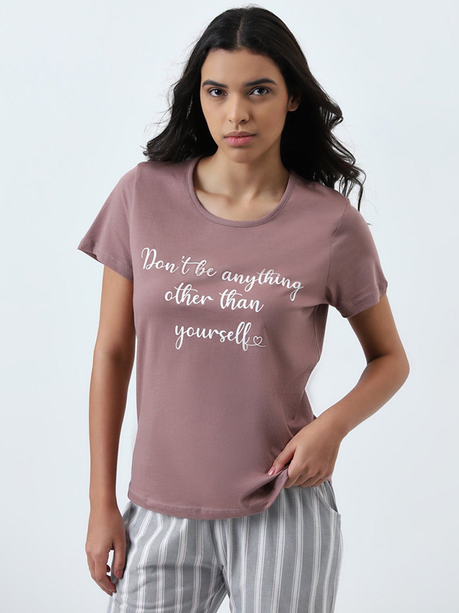 Wunderlove by Westside Dusty Pink Text Printed Cotton T-Shirt
