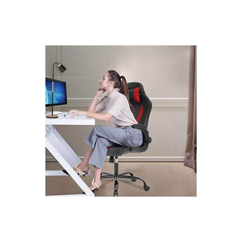Gaming Chair Ergonomic Office Chair Cheap Desk Chair with Lumbar Suport Flip Up Arms Headrest Adjustable PU Leather Executive High Back Computer Chair for Women Men Adults,Red