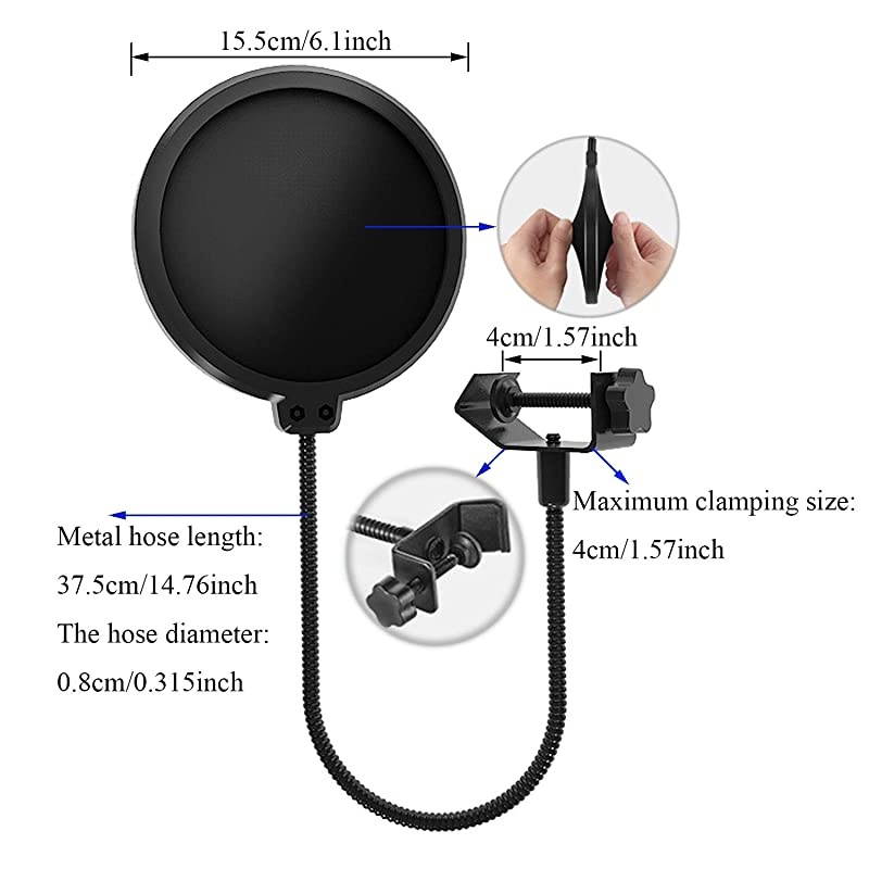 Pc Microphone Pop Filter Mask Shiled For Blue Yeti Dual Layer Mesh Mic Filters Wind Pop Screen With Flexible 360&deg;Gooseneck Clip 2 Pcs Mic Cover Foam