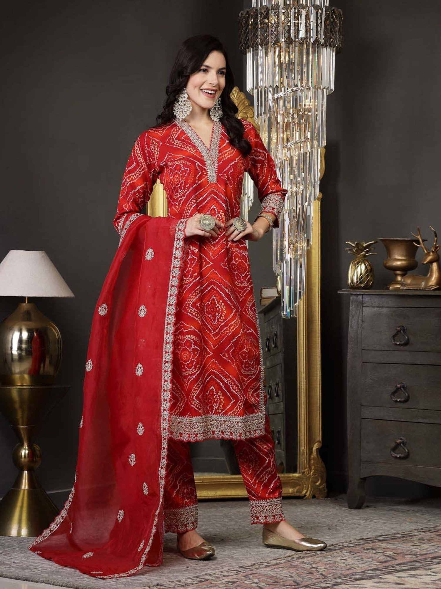 Stylum Red Printed Kurta Pant Set With Dupatta