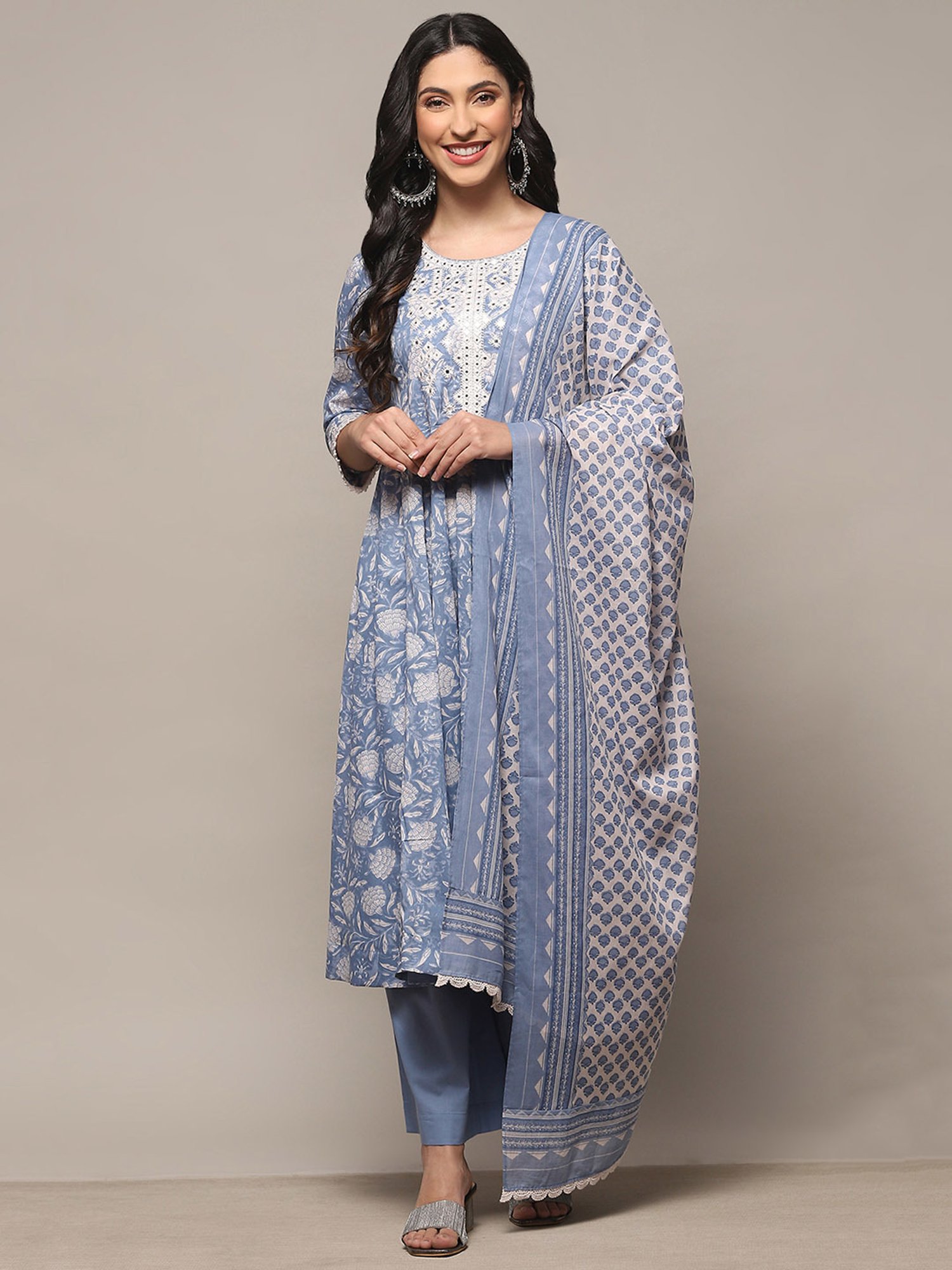 Biba Blue Printed Kurta With Palazzo & Dupatta