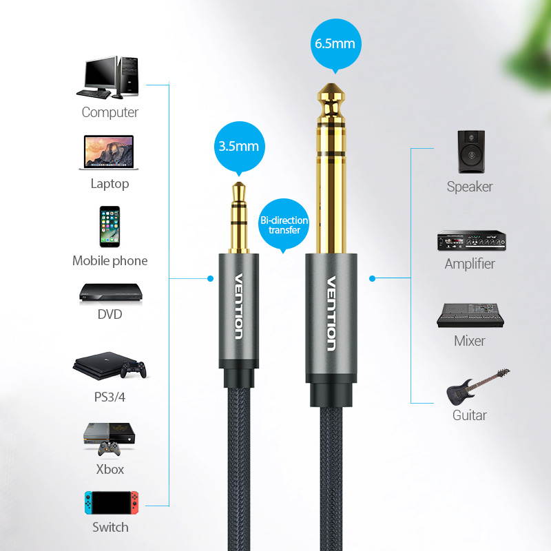 Vention 3.5mm to 6.35mm Adapter Jack Audio Cable for Mixer Amplifier Guitar Male to Male Aux Cable