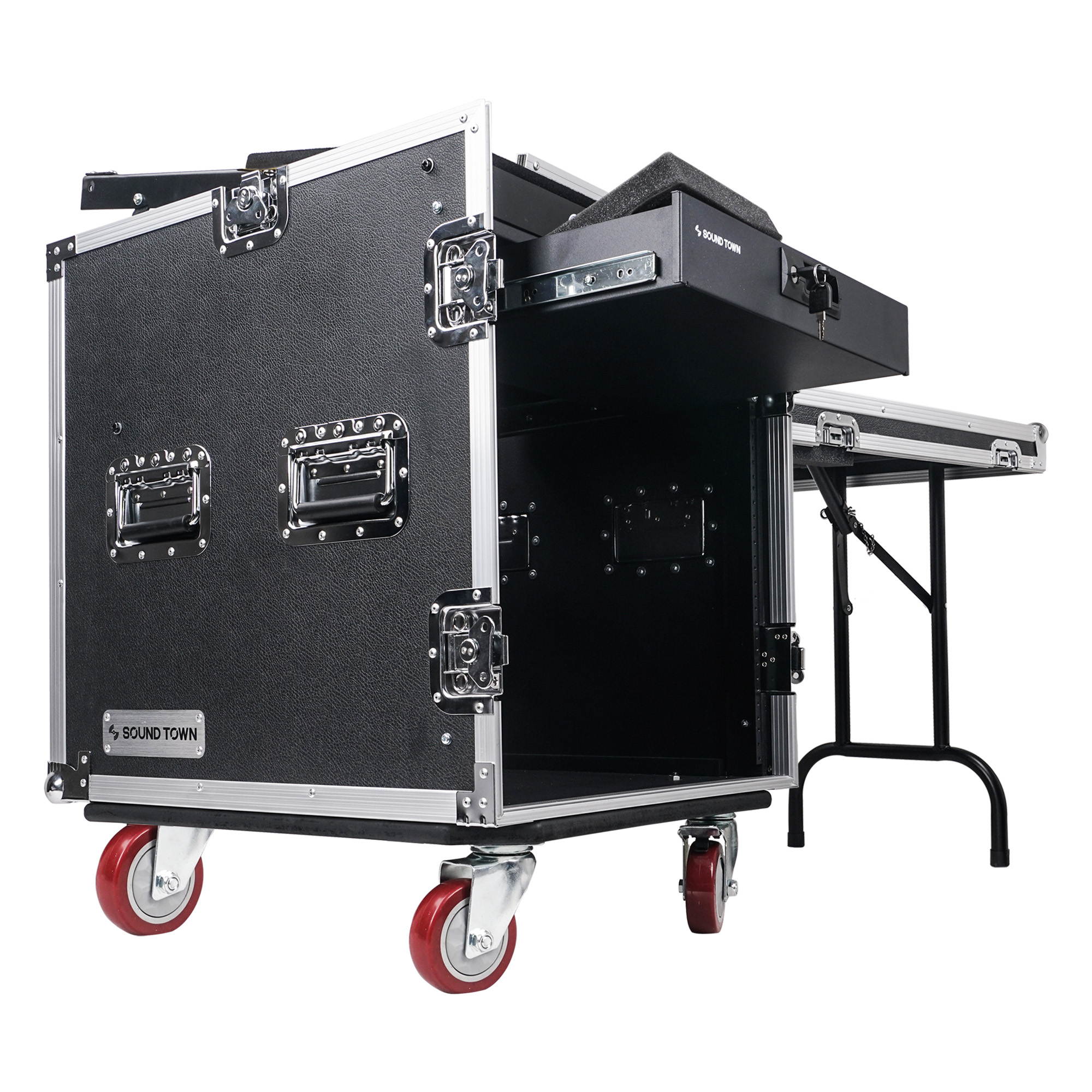 Sound Town 12U PA DJ Pro Audio Rack/Road ATA Case with 11U Slant Mixer Top, Locking Drawer, Side Table, 20&rsquo;&rsquo; Rackable Depth and Casters (STMR-12TD2)